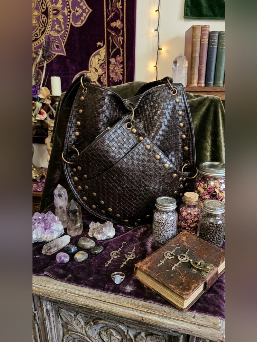 Vintage Woven Studded Whimsy Goth Hobo Bag ⭐